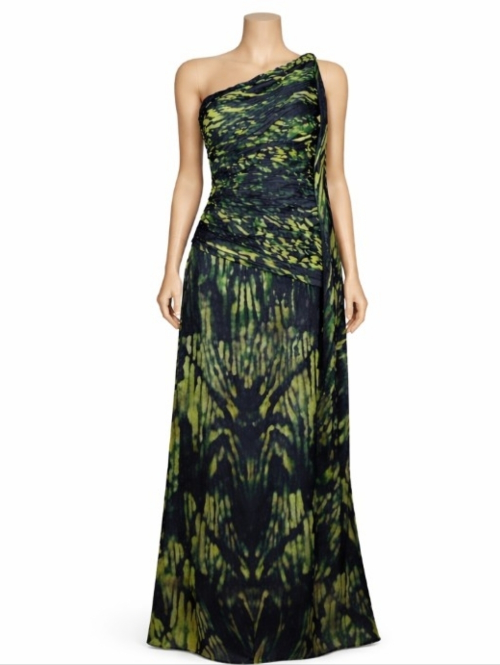 Halston Heritage Goddess Maxi Dress Sz 2  Navy Lime One Shoulder Ikat Print